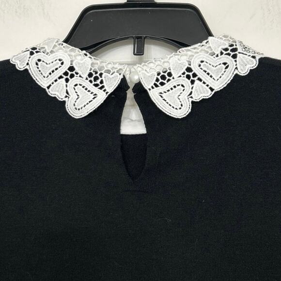 Siani Milano Black Lace Embellished Collared Sweater Size Medium Dainty Feminine - Picture 9 of 10